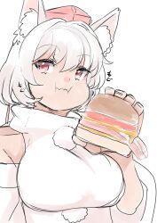 1girl :i animal_ear_fluff animal_ears breasts burger closed_mouth detached_sleeves eating food hat highres holding holding_burger holding_food inubashiri_momiji large_breasts looking_at_viewer red_eyes red_hat shirt short_hair simple_background sleeveless sleeveless_shirt solo tokin_hat touhou turtleneck turtleneck_shirt upper_body white_background white_hair white_shirt white_sleeves wolf_ears wolf_girl yoyoiro_(sysi20)