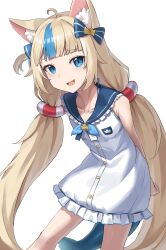 Rule 34 | 1girl, absurdres, animal ears, arms behind back, blonde hair, blue bow, blue eyes, blue streaks, bow, cat ears, dress, fins, fish tail, hair bow, highres, indie virtual youtuber, lifebuoy hair ornament, long hair, looking at viewer, one side up, open mouth, sailor dress, sameko saba, simple background, solo, tail, vakuuberi, very long hair, virtual youtuber, white background, white dress