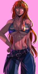 1girl arm_behind_back arm_tattoo bare_shoulders belt bikini bikini_top_only breasts collarbone flopartist_r green_bikini hand_on_own_hip highres large_breasts lips long_hair looking_at_viewer multicolored_bikini nami_(one_piece) nami_(one_piece)_(return_to_sabaody) one_piece orange_eyes orange_hair original pants pink_background shiny_skin signature simple_background smile solo standing striped_bikini striped_clothes swimsuit tattoo thighs twitter_username