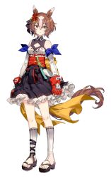Rule 34 | 1girl, animal ears, arms at sides, black skirt, breasts, brown eyes, brown hair, cleavage, cleavage cutout, closed mouth, clothing cutout, detached sleeves, fingerless gloves, full body, gloves, hair between eyes, highres, horse ears, horse girl, horse tail, migolu, multicolored hair, pinwheel hair ornament, red gloves, sandals, sash, shirt, short hair, simple background, skirt, sleeveless, sleeveless shirt, small breasts, socks, solo, streaked hair, tail, toeless legwear, turtleneck, umamusume, white background, yaeno muteki (umamusume)
