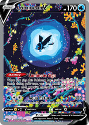 animal_focus artist_name bananajerky bioluminescence card_(medium) character_name chinchou closed_mouth company_name copyright_name copyright_notice coral cross-shaped_pupils english_text fish full_body gen_2_pokemon gen_4_pokemon glowing lanturn lumineon nintendo no_humans official_art open_mouth pink_eyes pokemon pokemon_(creature) pokemon_card pokemon_focus pokemon_tcg red_eyes smile symbol-shaped_pupils third-party_source trading_card underwater