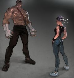 1boy 1girl abs alternate_costume ass bald black_hair breasts bun_cover capcom casual chun-li denim double_bun earrings eyepatch faceoff hair_pulled_back hand_wraps hands_in_pockets height_difference highres jeans jewelry medium_breasts morry muscular muscular_female narrow_waist one-eyed pants pectorals sagat scar shoes short_hair sneakers street_fighter tank_top topless_male veins wristband