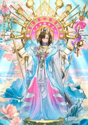 1girl absurdly_long_hair antenna_hair arm_at_side barefoot blunt_bangs brown_hair closed_mouth clothing_request dress facial_mark fate/grand_order fate_(series) forehead_mark full_body game_cg grey_eyes hagoromo hair_ornament hair_over_one_eye hand_up headdress high_collar light_rays long_dress long_hair long_sleeves mermaid_dress official_art ono_no_komachi_(fate) polearm routo shakujou shawl skull smile solo staff standing third-party_source toes trident very_long_hair weapon white_dress wide_sleeves