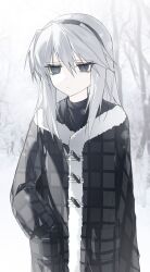 Rule 34 | 1girl, absurdres, bare tree, black coat, black hairband, clannad, closed mouth, coat, empty eyes, expressionless, fur coat, grey eyes, hair between eyes, hairband, hand in pocket, highres, long bangs, long hair, long sleeves, looking afar, looking to the side, muted color, outdoors, plaid clothes, plaid coat, sakagami tomoyo, snow, snowing, solo, tree, upper body, white hair, yexinhan
