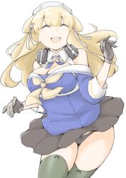 1girl akara_kai black_panties black_thighhighs blonde_hair blue_shirt breasts cleavage closed_eyes cowboy_shot double_bun fletcher_(kancolle) fletcher_mk_ii_(kancolle) folded_hair hair_bun hair_ornament hairband headphones highres kantai_collection large_breasts long_hair neckerchief off_shoulder open_mouth panties sailor_collar school_uniform serafuku shirt skirt star_(symbol) star_hair_ornament thighhighs underwear white_background white_sailor_collar yellow_neckerchief