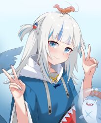 1girl absurdres animal_costume bloop_(gawr_gura) blue_eyes blue_hair blue_hoodie closed_mouth double_v ebi-chan_(gawr_gura) fins fish_tail gawr_gura gawr_gura_(1st_costume) highres hololive hololive_english hood hoodie liu_han looking_at_viewer medium_hair multicolored_hair shark_costume shark_girl shark_tail streaked_hair tail v virtual_youtuber white_hair