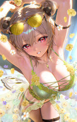 1girl arm_strap armpits arms_up babydoll belt blush breasts brown_belt brown_hair cleavage commentary_request double_bun eyewear_on_head girls&#039;_frontline hair_between_eyes hair_bun highres large_breasts looking_at_viewer p90_(girls&#039;_frontline) red_eyes sakurano_tsukasa smile solo thigh_belt thigh_strap tinted_eyewear yellow-tinted_eyewear yellow_babydoll