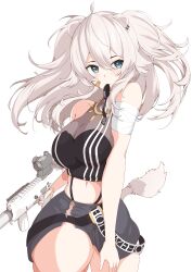Rule 34 | 1girl, absurdres, ahoge, animal ear piercing, animal ears, bandaged arm, bandages, bare shoulders, black shirt, blush, breasts, cleavage, commentary request, cowboy shot, crop top, curvy, double-parted bangs, fangs, grey eyes, grey hair, grey skirt, gun, hair between eyes, highres, holding, holding gun, holding weapon, holofive, hololive, jewelry, large breasts, lion ears, lion girl, lion tail, long hair, long sidelocks, looking at viewer, mawaru chikuwa, messy hair, miniskirt, mouth hold, narrow waist, necklace, no jacket, no legwear, panty straps, see-through cleavage, see-through clothes, shirt, shishiro botan, shishiro botan (1st costume), side slit, sidelocks, sideways glance, simple background, skin tight, skirt, sleeveless, sleeveless shirt, tail, thick thighs, thighs, transparent background, two side up, virtual youtuber, weapon, weapon request, wide hips, zipper skirt