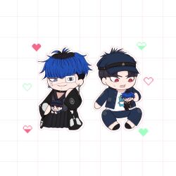 2boys black_hair blue_eyes blue_hair bridge_piercing chibi collarbone earrings eyepatch face_piercing full_body heart highres japanese_clothes jewelry lip_piercing male_focus maruko_gaku multiple_boys omokage_yugamu one_eye_covered open_mouth parted_bangs piercing red_eyes simple_background teeth the_hundred_line_-last_defense_academy- tongue upper_teeth_only white_background yaoi