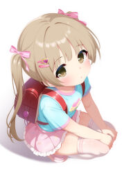 1girl :o backpack bag blue_shirt blush bow brown_eyes brown_hair child frilled_skirt frills from_above hair_bow hair_ornament hairclip hands_on_own_knees heart heart_print highres hosizora_mikoto idolmaster idolmaster_cinderella_girls idolmaster_cinderella_girls_u149 legs_together long_hair looking_at_viewer looking_up miniskirt parted_lips pink_bow pink_shoes pink_skirt print_shirt randoseru red_bag shirt shoes short_sleeves simple_background skindentation skirt solo squatting star_(symbol) star_print straight_hair t-shirt thighhighs twintails white_background white_thighhighs yokoyama_chika