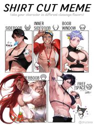 Rule 34 | 5boys, abs, absurdres, animal ears, armpits, backwards hat, bara, bare pectorals, bare shoulders, baseball cap, black male underwear, blue hair, blush, chest harness, clothes lift, clothes pull, cow ears, curled horns, earrings, edging underwear, eloseu (haribochase), english text, extra ears, food, fruit, harness, hat, hello kitty, hello kitty (character), hello kitty print, highres, horns, ice cream, inverted nipples, jewelry, large pectorals, lifeguard, long hair, looking at viewer, male focus, male underwear, male underwear peek, meme, mouth hold, multiple boys, multiple drawing challenge, muscular, muscular male, navel, necklace, nipple slip, nipples, open fly, original, pectoral cleavage, pectoral lift, pectorals, puffy chest, pulling own clothes, purple eyes, red hair, sanrio, shirt cut meme, shirt lift, shirt pull, short hair, shorts, sidepec, stomach, strawberry, sweat, underpec, underwear, whistle, whistle around neck, white shorts, wind