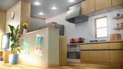 analog_clock bowl cabinet ceiling_light clock commentary_request cooking_pot highres indoors kitchen kitchen_hood making-of_available no_humans original oven painting_(object) plant plate potted_plant reason_(mark-of-the-unicorn) scenery stove television tile_wall tiles wall_clock window wooden_floor