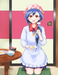1girl apron blue_hair bokutachi_wa_benkyou_ga_dekinai brown_eyes food fried_egg furuhashi_fumino highres indoors kneeling long_hair looking_at_viewer mole mole_under_eye noishi88 rice side_ponytail skirt smile socks soup