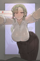 1girl apron azz0422 black_apron black_pantyhose black_skirt blonde_hair bra breasts brown_hair closed_mouth collared_shirt highres large_breasts leaning_forward long_hair long_sleeves nintendo pantyhose pokemon pokemon_xy ponytail shirt skirt sleeves_rolled_up solo sweat sweatdrop underwear waitress waitress_(pokemon) white_shirt
