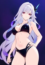 Rule 34 | 1girl, absurdres, bikini, black bikini, breasts, closed mouth, futatunoniji, genshin impact, gradient background, hair between eyes, hair ornament, highres, long hair, looking at viewer, medium breasts, navel, red eyes, skirk (genshin impact), solo, stomach, swimsuit, very long hair
