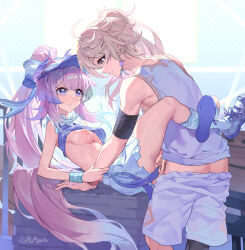1girl absurdres aether_(genshin_impact) artist_name bar_censor bare_shoulders blonde_hair blue_horns blue_shoes blush bow-shaped_hair breasts bunting censored clothes_lift clothes_pull colored_tips earrings genshin_impact gradient_hair highres horns jewelry leg_lock long_hair lying medium_breasts multicolored_hair nipples official_alternate_costume official_alternate_hairstyle on_back penis pink_hair pleated_skirt ponytail purple_eyes pussy sangonomiya_kokomi sangonomiya_kokomi_(pulse+) shirt shirt_lift shoes shorts shorts_pull single_earring skirt sleeveless socks sportswear tennis_uniform very_long_hair visor_cap white_shirt white_shorts white_skirt white_socks wristband xinliu_asato