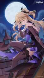 1girl absurdres asymmetrical_legwear bare_shoulders black_gloves blonde_hair brown_pantyhose brown_thighhighs closed_mouth cloud eyepatch fischl_(genshin_impact) floating_hair full_moon genshin_impact gloves green_eyes hand_up highres long_hair looking_at_viewer moon night night_sky official_art outdoors pantyhose single_glove sitting sky smile thighhighs two_side_up uneven_legwear
