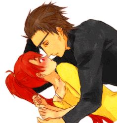 black_eyes blush brown_hair couple eye_contact eyepatch fire_emblem fire_emblem:_path_of_radiance fire_emblem:_radiant_dawn from_behind haar_(fire_emblem) imminent_kiss jill_(fire_emblem) long_hair looking_at_another lowres lying nintendo on_side ponytail red_eyes red_hair short_hair wyvern_rider