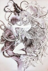 1boy 1girl angel_wings arms_behind_back asymmetrical_wings aya_carmine bare_shoulders belt body_horror bone bound bound_arms braid breasts cigarette clothes_down expressionless feathered_wings flower_wings formal_clothes greyscale highres hitomi_hirosuke_(sayonara_wo_oshiete) hug leaf_wings long_hair medium_breasts millipen_(medium) mismatched_wings monochrome necktie open_mouth pen_(medium) plant_wings pleated_skirt sayonara_wo_oshiete shoes side_braids simple_background skirt smile snake socks sugamo_mutsuki suit tendril tentacles traditional_media uwabaki very_long_hair vest wings