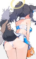 1boy 1girl absurdres animal_ears ass blue_archive blush breasts cheerleader commentary_request dog_ears dog_girl dog_tail from_behind grey_background halo hibiki_(blue_archive) hibiki_(cheer_squad)_(blue_archive) highres holding holding_pom_poms medium_breasts midriff nyashiro_(sgylk) official_alternate_costume panties pom_pom_(cheerleading) pom_poms ponytail short_hair simple_background solo_focus sweat tail tail_grab two-tone_background underwear white_background white_panties yellow_halo