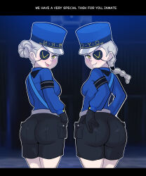 2girls absurdres ass atlus black_pants blue_shirt blush caroline_(persona_5) english_text eyepatch female_focus hair_bun hat highres justine_(persona_5) kisscoff kyojiri_loli logo loli looking_at_viewer looking_back multiple_girls pants persona persona_5 police police_hat police_uniform policewoman ponytail presenting presenting_ass prison sega shirt shorts siblings sisters smile tongue tongue_out twins white_hair yellow_eyes
