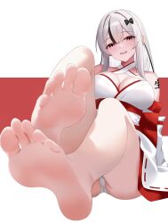 1girl absurdres barefoot breasts cleavage devil_fish feet foot_focus highres light_blush long_hair looking_at_viewer mole mole_under_eye multicolored_hair open_mouth original panties pantyshot red_eyes soles streaked_hair toes underwear white_hair