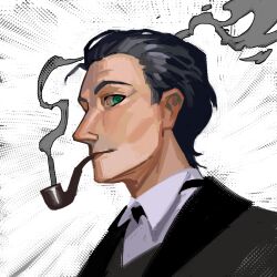 1boy black_hair black_suit bow bowtie fate/grand_order fate_(series) formal_clothes green_eyes hair_slicked_back highres looking_at_viewer male_focus ovsosito pipe_in_mouth profile sherlock_holmes_(fate) short_hair smoke smoking_pipe solo suit upper_body white_background