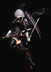 1girl alternate_costume armor belt black_background black_thighhighs blue_eyes braid capcom devil_may_cry_(series) female_focus garter_belt garter_straps izayoi_sakuya maid maid_headdress nelo nelo_anjuurou scabbard scarf sheath short_hair silver_hair solo sword thighhighs touhou twin_braids weapon wings