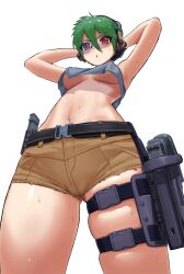 1girl armpits arms_behind_head arms_up belt breasts carbon12th commentary covered_erect_nipples crop_top earmuffs english_commentary eyelashes from_below frown grey_hair gun hair_between_eyes holster hot looking_ahead medium_breasts original parted_lips red_eyes shiny_skin short_hair short_shorts shorts simple_background skindentation sleeveless solo stomach sweat thigh_holster thighs underboob upshirt weapon white_background