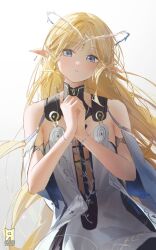 1girl artist_logo bare_shoulders black_collar blonde_hair blue_eyes cartethyia_(wuthering_waves) collar commentary crown_of_thorns cryne earrings english_commentary highres jewelry logo long_hair looking_at_viewer making-of_available own_hands_clasped own_hands_together parted_lips pointy_ears simple_background solo tabard tacet_mark_(wuthering_waves) upper_body very_long_hair white_background white_tabard wuthering_waves