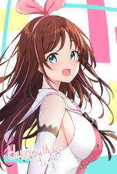 1girl brown_hair detached_sleeves hair_ribbon happy_birthday highres kizuna_ai long_hair open_mouth ribbon ririka_(ab-yuri) smile solo
