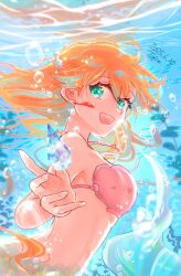 1girl :d agpro air_bubble asymmetrical_hair bikini blush breasts bubble earrings eyelashes floating_hair gen_1_pokemon green_eyes gym_leader hair_between_eyes hair_down hair_ornament highres jewelry long_hair looking_at_viewer mermaid mermaid_misty_(pokemon) misty_(pokemon) monster_girl monsterification necklace nintendo open_mouth orange_hair pink_bikini pokemon pokemon_(anime) pokemon_(classic_anime) pokemon_rgby ponytail seashell shell shell_bikini side_ponytail smile solo swimsuit teeth underwater upper_teeth_only water