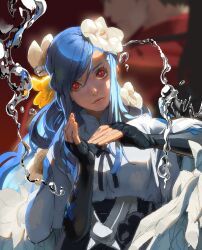 1boy 1girl blue_hair commentary dizzy_(guilty_gear) english_commentary english_text father_and_daughter fingerless_gloves flower gloves guilty_gear guilty_gear_strive hair_flower hair_ornament highres ishiwatari_daisuke lips long_hair looking_at_viewer mature_female official_alternate_costume official_alternate_hairstyle official_art queen_dizzy red_eyes shaded_face sol_badguy solo_focus water
