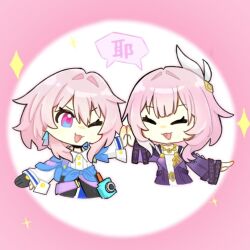 2girls ;o camera chinese_commentary clothes_around_waist coat commentary_request cropped_torso cyrene_(honkai:_star_rail) dress hair_ornament honkai:_star_rail honkai_(series) march_7th_(honkai:_star_rail) march_7th_(preservation)_(honkai:_star_rail) medium_hair multicolored_eyes multiple_girls one_eye_closed oval_background pink_background pink_hair purple_coat shirt speech_bubble sweater sweater_around_waist translation_request two-tone_background two-tone_eyes white_background white_dress white_shirt wuyuliumiao