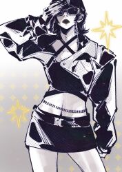 1girl aespa belly_chain closed_mouth cowboy_shot cropped_jacket cropped_legs earrings fingernails hashtag-only_commentary highres jewelry k-pop long_fingernails long_sleeves looking_at_viewer monochrome real_life short_hair skirt solo sparkle sunglasses winter_(aespa) yuanwei_shaoya