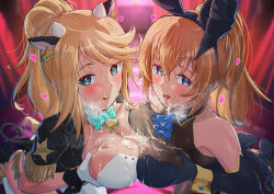 Rule 34 | 2girls, absurdres, alice gear aegis, animal ears, blonde hair, blue eyes, blush, breasts, bukkake, charlotte e. yeager, cleavage, cow ears, cow horns, cow tail, cowbell, cum, fake animal ears, fake horns, fake tail, green eyes, highres, horns, indoors, large breasts, leotard, long hair, multiple girls, neck bell, origami yakko, playboy bunny, ponytail, rabbit ears, shirley oakley, strike witches, tail, world witches series