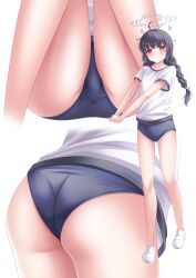 Rule 34 | 1girl, absurdres, ahoge, ass, black buruma, black hair, blue archive, blush, braid, buruma, closed mouth, grey halo, halo, highres, long hair, miyu (blue archive), multiple views, panty focus, red eyes, shira jun, shirt, shoes, short sleeves, simple background, twin braids, white background, white footwear, white shirt