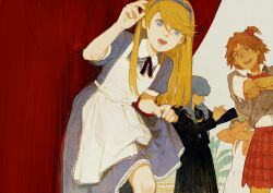 4boys absurdres alice_(alice_in_wonderland) alice_(alice_in_wonderland)_(cosplay) alice_in_wonderland apron bare_arms black_shirt black_skirt blonde_hair blue_dress blue_eyes blue_hair blue_hairband bow bowtie braid brown_eyes brown_hair closed_mouth cosplay creamyghost crossdressing curtains dark_skin dress earrings food-themed_hair_ornament green_hair hair_ornament hairband hanamura_yousuke hand_up highres jewelry kuma_(persona_4) long_hair long_sleeves looking_at_viewer multiple_boys muscular muscular_male narukami_yu neck_ribbon official_alternate_costume one_side_up open_mouth persona persona_4 plant pleated_skirt potted_plant red_bow red_bowtie red_skirt ribbon shirt short_hair short_sleeves skirt skirt_hold standing strawberry_hair_ornament tatsumi_kanji teeth toned toned_male trap twin_braids upper_teeth_only white_apron white_dress white_shirt