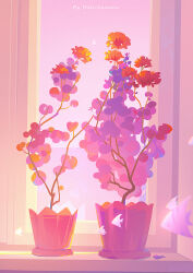 artist_name english_text flower flower_pot highres huhv. leaf no_humans original petals pink_flower plant potted_plant purple_flower scenery vase watermark window