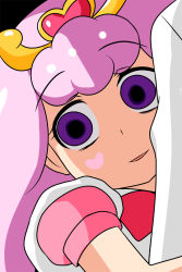 1girl empty_eyes go!_princess_precure hair_ornament heart heart-shaped_pupils highres hug hug_from_behind light_purple_hair looking_at_viewer nishi_koutarou open_mouth pink_hair precure puff_(go!_princess_precure) puff_(go!_princess_precure)_(human) smile solo_focus symbol-shaped_pupils