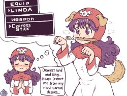 1girl :&lt; animal_ears beachepisode closed_eyes closed_mouth dog_ears dog_girl dog_tail dragon_quest dragon_quest_ii english_text fangs highres kemonomimi_mode long_hair long_sleeves princess_of_moonbrook purple_eyes purple_hair slime_(dragon_quest) solo speech_bubble sweat tail thought_bubble