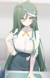 1girl apron blurry blurry_background breasts cleavage collared_shirt commentary convenience_store counter covered_groin deyui employee_uniform english_commentary green_apron green_eyes green_hair hair_between_eyes hand_up highres large_breasts long_hair long_hair_between_eyes long_sleeves looking_at_viewer mole mole_under_eye name_tag neck_ribbon parted_lips partially_unbuttoned portia_(stella_sora) ribbon shirt shop stella_sora store_clerk straight-on three-quarter_sleeves very_long_hair visor_cap white_shirt yellow_ribbon