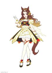 1girl animal_ears braid breasts brown_hair collarbone dress gloves hair_ornament highres horse_ears horse_girl horse_tail liberty_island_(racehorse) medium_breasts open_mouth original personification reimei_(hokanko_i) shoes solo tail thighhighs tiara white_background