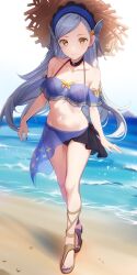 1girl absurdres bare_shoulders beach bikini black_bikini black_choker blue_hairband blue_nails breasts breasts_apart butterfly_hair_ornament choker commentary feet full_body grey_hair hair_ornament hairband hat highres lavenza_(persona_5) legs long_hair looking_at_viewer mixed-language_commentary nail_polish navel netarou_(shinra) ocean outdoors persona persona_5 sandals sarong smile solo standing stomach straw_hat swept_bangs swimsuit toenail_polish toenails toes yellow_eyes