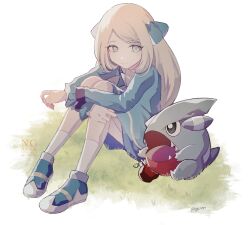 Rule 34 | 1girl, absurdres, aged down, alternate costume, blonde hair, blue dress, closed mouth, cynthia (pokemon), dress, gen 4 pokemon, gible, grey eyes, hair ornament, highres, kagi0487 (weiss 9610), long hair, long sleeves, looking at viewer, nintendo, pokemon, pokemon (anime), pokemon (creature), pokemon journeys, shoes, smile, socks, very long hair, white socks