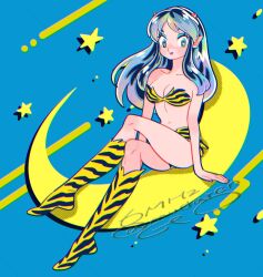 Rule 34 | animal print, bikini, blue background, boots, breasts, cleavage, collarbone, cone horns, crescent moon, crossed legs, full body, highres, horns, knee boots, long hair, looking at viewer, lum, moon, muda rengou to ziggy stardust, navel, pointy ears, print bikini, print boots, sidelocks, signature, sitting, star (symbol), swimsuit, tiger print, urusei yatsura