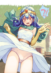 !? 1girl absurdres bare_legs bare_shoulders belt blue_hair blush breasts brown_belt cape church circlet clothes_lift cowboy_shot cross dragon_quest dress dress_lift elbow_gloves fence gem gloves green_cape hair_between_eyes hanashima_m highres latin_cross long_dress long_hair medium_breasts open_mouth outdoors panties pink_panties red_eyes red_gemstone sage_(dq3) skirt skirt_lift sleeveless sleeveless_dress solo spoken_interrobang standing strapless surprised thighs tree underwear white_dress wind wind_lift wooden_fence yellow_gloves