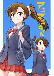 2girls absurdres arms_behind_back bag blazer blue_background blue_jacket border bow bowtie breasts brown_eyes brown_hair closed_mouth cowboy_shot futami_ami futami_mami grin hair_ornament hair_scrunchie highres holding_strap idolmaster idolmaster_(classic) idolmaster_million_live! idolmaster_million_live!_theater_days jacket long_hair long_sleeves looking_at_viewer medium_breasts multiple_girls noborinosato open_mouth outside_border plaid_clothes plaid_skirt pleated_skirt red_bow red_bowtie red_skirt school_bag school_uniform scrunchie shirt siblings side_ponytail simple_background sisters skirt smile twins white_border white_scrunchie white_shirt