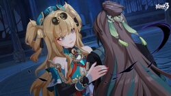 Rule 34 | 1boy, 1girl, baiji (honkai impact), bell, black sleeves, blonde hair, blue eyes, brown hair, chinese clothes, glasses, hair ornament, highres, honkai (series), honkai impact 3rd, long hair, nail polish, night, official art, open mouth, outdoors, pince-nez, red nails, songque, songque (jovial deception: shadowdimmer), very long hair