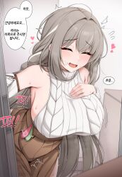 1girl absurdres armpits bare_shoulders bent_over black_survival braid breasts brown_skirt cable_knit chloe_lim closed_eyes condom detached_sleeves eternal_return:_black_survival facing_viewer grey_hair hand_on_own_chest heart highres huge_breasts implied_sex kisa_(leg3043) korean_text long_hair long_sleeves motion_lines multicolored_hair open_mouth outstretched_arm pleated_skirt ribbed_sweater sideboob skirt sleeveless sleeveless_sweater smile solo speech_bubble standing streaked_hair sweat sweater sweater_tucked_in translation_request used_condom used_condom_in_clothes very_long_hair white_sweater